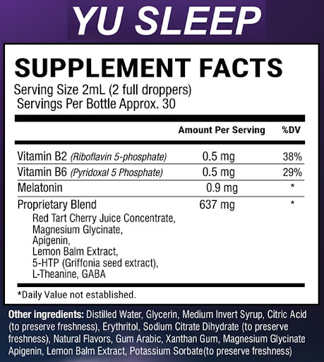 YU Sleep Supplement Facts label showing serving size, vitamins B2 and B6, melatonin and a proprietary blend